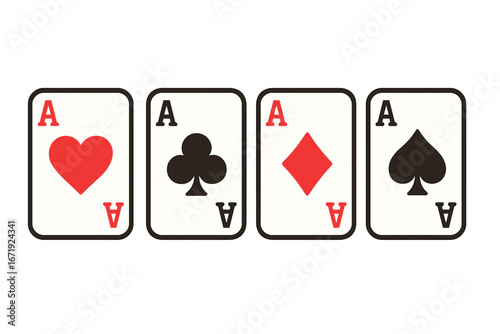 Set of four aces playing cards with hearts, clubs, diamonds, spades suits, vector casino gambling concept illustration with transparent background