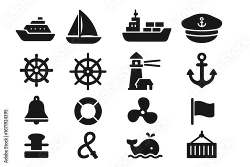 Nautical and Maritime Icon Set with Solid Boat, Navigation, Shipping Symbols, Captain Hat, Lighthouse, Anchor, Life Buoy, Whale, Ship Wheel, and Marine Elements Vector Illustration