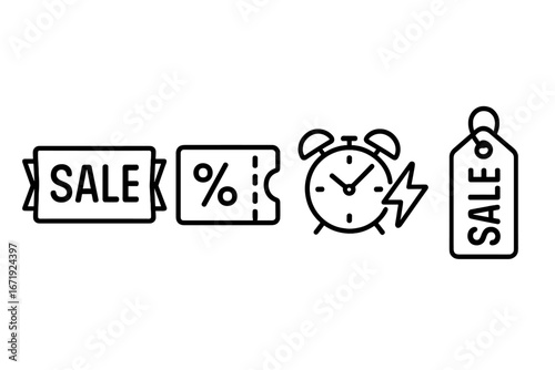 Promotional Icons Outline Set of Marketing Campaign Symbols Including Sale Banner, Discount Coupon, Flash Sale Clock, and Price Tag Vector Cartoon Illustration for Advertising