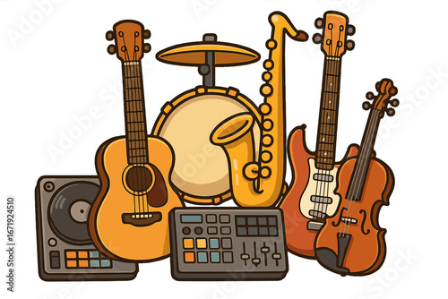 Musical instruments creative arrangement showcasing diverse genres and sound production tools vector cartoon illustration with transparent background for music design