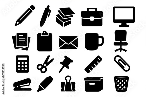 Office essentials silhouette icon set, stationery and supplies collection, work tools vector cartoon illustration, clipart icons for business and office organization, transparent background