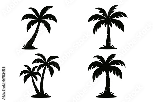 Palm tree silhouette icon set, tropical nature and summer beach forest vector cartoon illustrations with transparent background, ordered tropical tree design pack