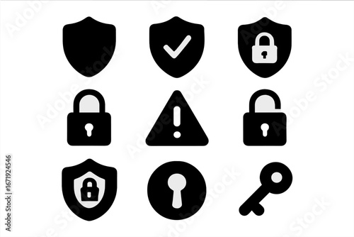 Security and protection solid glyph icon set. Safety, defense, and privacy concept symbols. Vector collection of shield, lock, key, alert, and checkmark signs for web design.