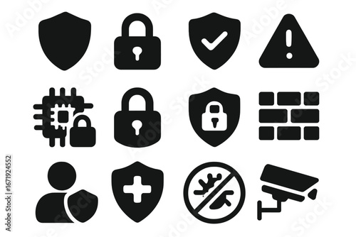 Security solid icon set. Protection, safety, and defense glyph icons. Cybersecurity, padlock, shield, firewall, antivirus, cctv camera, and data privacy vector symbols.