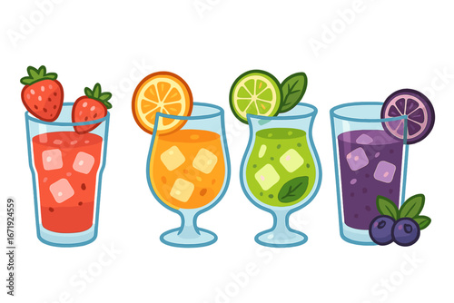 Refreshing summer drinks in colorful glasses with fruit garnishes, ice cubes, and vibrant cartoon illustration on white transparent background