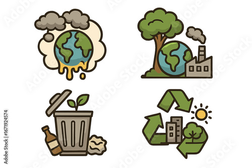 Creative environmental issues and sustainability concepts infographic with nature and urban elements, pollution, recycling, and ecological balance in a vibrant cartoon vector style