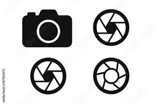 Photography camera silhouette icon set with shutter and aperture symbols in flat silhouette style, vector cartoon illustration, transparent background, ordered icons collection