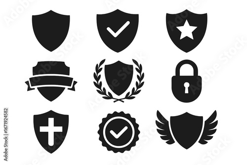 Security shield icon set. Vector protection and safety symbols. Defense emblems with check mark, star, and lock. Secure concepts for data privacy, guarantee, and quality.