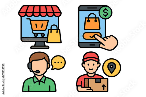 Shopping and Delivery Services Icons Illustrating E-commerce, Customer Interaction, Online Mobile Transactions, Customer Support, and Fast Courier Delivery in Vector Cartoon Style