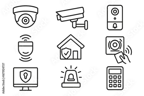 Security and surveillance line icon set with cameras, alarms, access control, facial recognition, and home protection symbols. Vector cartoon illustration with transparent background.