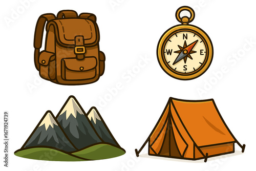 Outdoor adventure camping icons with backpacks, compasses, mountains, and tents, cartoon vector illustration for hiking, trekking, nature exploration, and wilderness travel