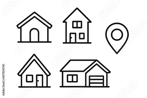 Simple black line drawings of various home designs and a location marker icon on white background, vector cartoon illustration set for real estate, architecture, and location concepts