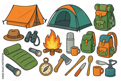 Outdoor camping essentials with tents, backpacks, gear, campfire, compass, flashlight, knife, hat, and cooking tools in colorful vector cartoon illustration