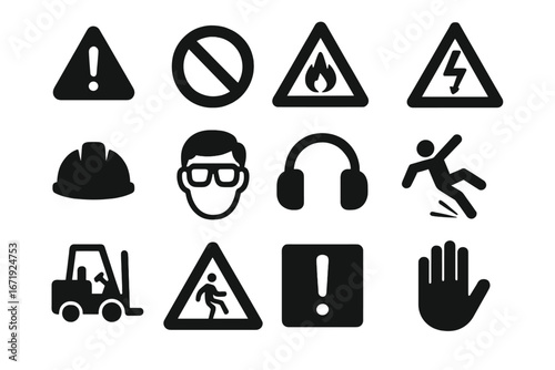 Safety and caution icons set, black silhouette warning symbols for accident prevention, hazard signs, protective gear, danger alert, cautionary vector illustration with transparent background