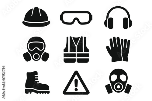 Safety equipment solid icon set, essential protective gear silhouettes, vector cartoon illustration of hard hat, goggles, earmuffs, respirators, gloves, boots, vest, warning sign