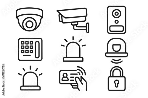 Security and Surveillance Line Icon Set with Cameras, Alarms, Access Control, and Door Locks, Vector Cartoon Illustration, Transparent Background, Ordered Set 3