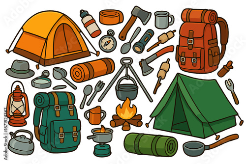Outdoor Camping Essentials Featuring Colorful Tents, Backpacks, Camping Gear, Lanterns, Utensils, Firewood, and Tools for Hiking, Backpacking, and Wilderness Adventures Vector Cartoon Illustration
