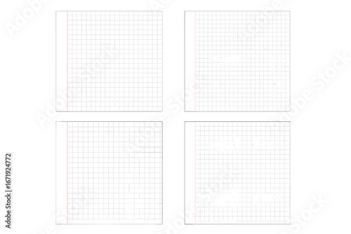Vector illustration of blank A4 sheets with grid lines and margin, isolated notebook pages, school and office stationery mockup template, lined grid paper for note-taking and drawing
