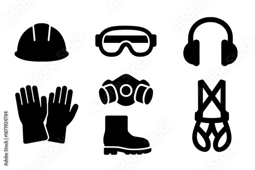 Essential Safety Equipment Solid Icon Set, Protective Gear Silhouettes, Industrial Safety Items Collection, Hard Hat, Goggles, Gloves, Mask, Boots, Harness Vector Illustration