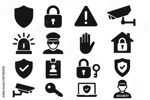 Security and safety solid icons set, protection symbols, alarm alerts, guard and surveillance vector collection, lock and key illustrations, safety shield and security badge designs