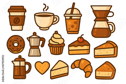 Stylized coffee and dessert icons with playful pattern, featuring various coffee brewing methods, cups, sweet treats, pastries, and desserts in vector cartoon illustration