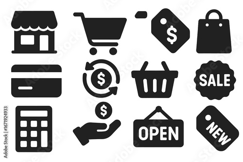 Shopping and retail solid icon set with commerce store purchase sale symbols, basket shopping cart credit card tags price labels money refund open sign sale new tag collection vector illustration