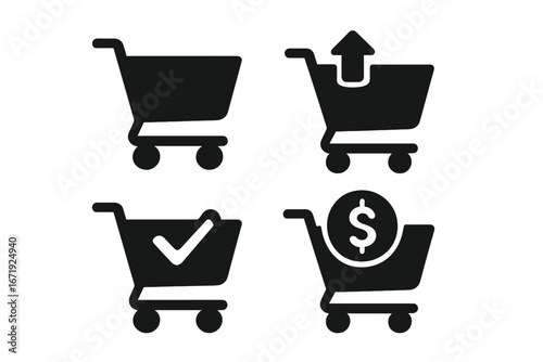 Shopping cart silhouette icon set with ecommerce, purchase, buy symbols, vector cartoon illustration, transparent background, online shopping design elements, ordered collection
