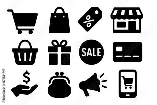 Shopping and retail silhouette icons set, solid filled commerce and marketing symbols vector illustration with transparent background, cart, basket, sale, payment, gift, discount, store icons
