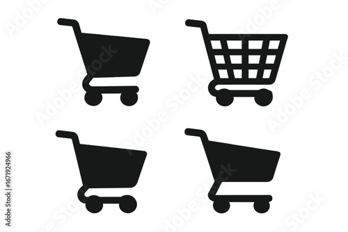 Shopping Cart Silhouette Icon Set, Ecommerce Purchase and Buy Vector Collection, Black Cartoon Style Transparent Background, Online Shopping Trolley Icons, Order Set 2