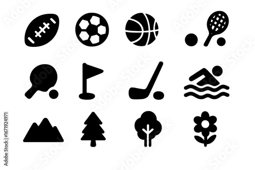 Sports and nature solid icon set. Glyph collection for outdoor activities. Football, soccer, basketball, tennis, table tennis, golf, swimming. Mountain, forest, flower symbols.