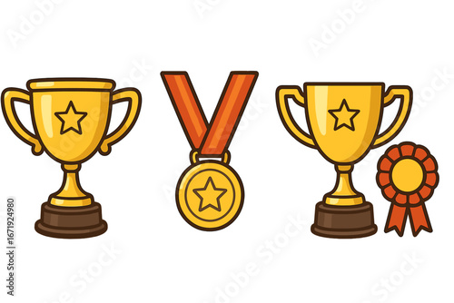 Symbols of achievement including gold trophies, medals, and award ribbons representing success, victory, competition, excellence, and recognition in sports and contests, vector cartoon illustration