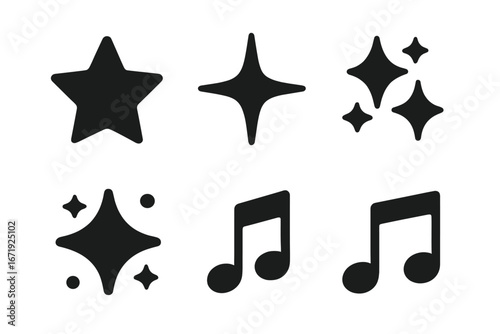 Star and music note solid icon set. Decorative sparkle, sound, and celebration graphic elements. Vector silhouette glyphs. Flat symbols for rating, magic, favorite, or melody.