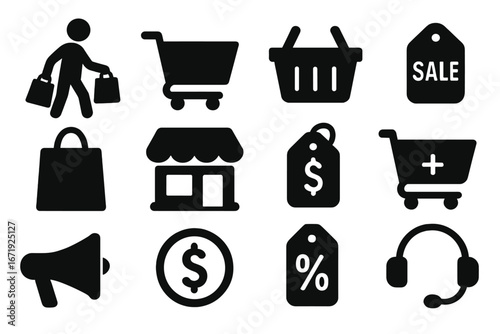 Shopping silhouette icon set retail e-commerce cart sale tags basket store price discount add to cart headset customer service vector collection with transparent background