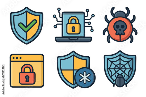 Security Symbols and Icons Representing Cyber Protection Measures in a Digital Environment, Vector Cartoon Illustration Set with Shield, Lock, Bug, and Web Elements