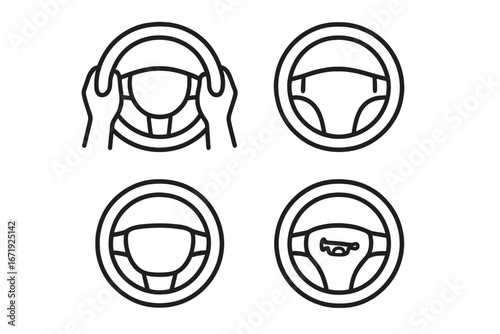 Steering wheel icon set with precise hand positioning, POV perspective, airbag cover, horn button, 2-hand grip marks, outline vector illustration, cartoon style for driving safety and education