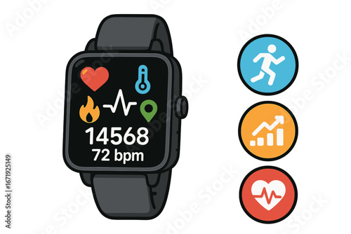 Smart wearable technology fitness tracker showing health monitoring metrics and activity tracking in sleek modern design vector cartoon illustration transparent background