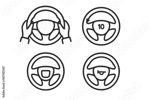 Steering wheel icon set with precise hand positioning, POV view, airbag cover, horn symbol, two-hand grip, and 10-2 hand placement. Vector outline illustration for driving safety and control.
