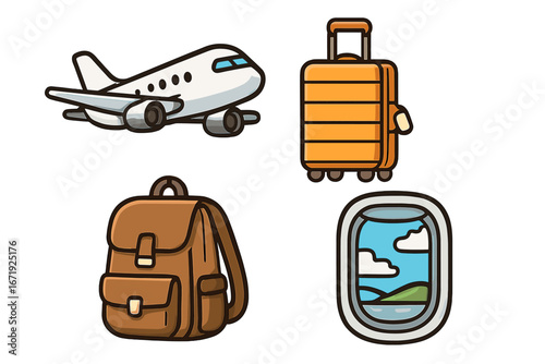 Travel essentials vector icons set including airplane, luggage, backpack, and scenic window view. Cartoon style illustration with transparent background for travel and tourism concepts.