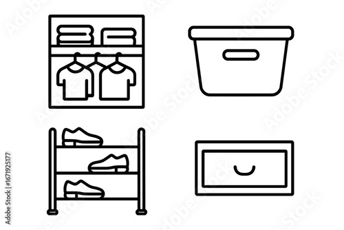 Outline icon set for home storage solutions. Vector illustration of a closet organizer, wardrobe shelves, storage bin, shoe rack, and drawer. Concept of decluttering and order.