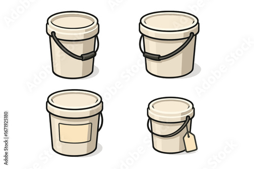 Isometric Flat Storage Buckets Icon Set with Handles, Lids, Labels, and Tags, Utility and Stackable Plastic Bucket Vector Cartoon Illustration for Organization and Storage