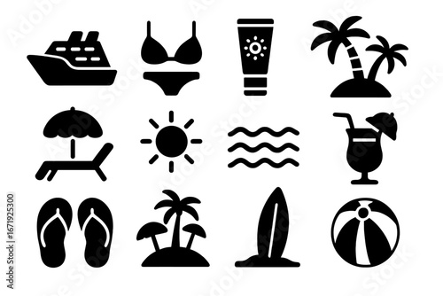 Summer beach vacation solid icon set. Travel and holiday symbols collection. Cruise, palm tree, bikini, sun, cocktail, surfboard glyphs. Vector silhouette illustrations.