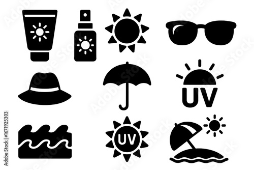 Sun protection and summer beach vacation icons set. Vector glyph symbols for UV safety, sunscreen, sunglasses, hat, and umbrella. Skincare and travel concept illustration.