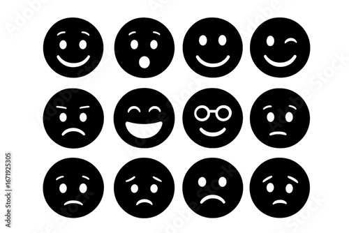 Smiley emoticons silhouette icon set, expressive face icons collection, vector cartoon illustration with transparent background, ordered set of diverse emotions, emoji faces