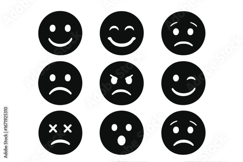 Smiley emoticons silhouette icon set, expressive face icons collection, monochrome vector cartoon illustration, emotional expression symbols, transparent background, ordered set