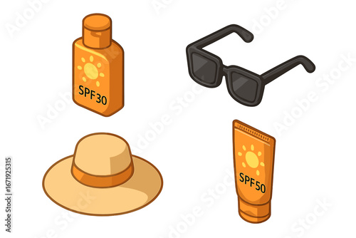 Sun Protection Essentials Icons Set, Isometric Flat Design of Sunscreen Bottles SPF30 and SPF50, Black Sunglasses, Wide-Brim Hat, Vector Cartoon Illustration for Summer Safety
