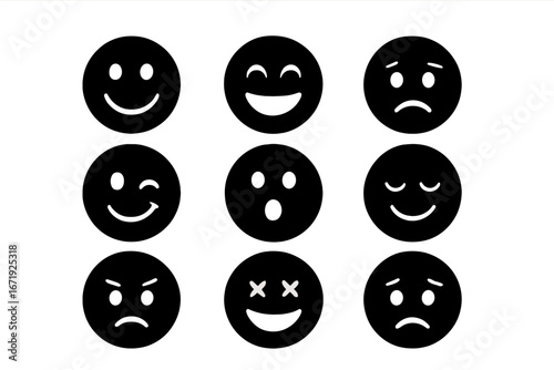 Smiley emoticons silhouette icon set, expressive face icons collection, vector cartoon illustration, black emotive faces, varied emotions, ordered set 3, transparent background