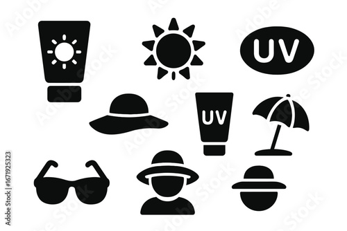 Summer sun protection icon set. UV safety solid glyphs collection. Sunscreen lotion, beach umbrella, sunglasses, and sun hat symbols. Skincare and vacation vector elements.