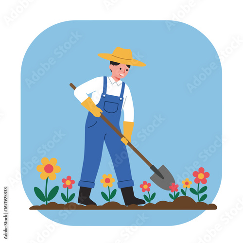 Gardener Digging Soil with Shovel in Flower Bed