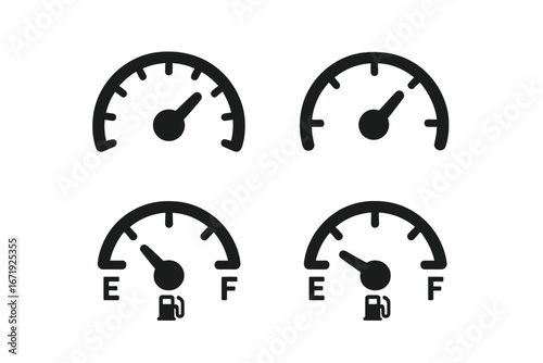 Speedometer and Fuel Gauge Solid Icon Set, Vehicle Dashboard Symbols Collection, Black Vector Cartoon Illustration with Transparent Background, Instrument Panel Display Elements, Set 1