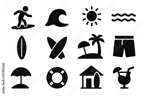 Surfing and beach solid icon set. Summer holiday symbols like wave, sun, sea, surfboard, palm tree, island, cocktail. Vector cartoon illustration for water sports design.